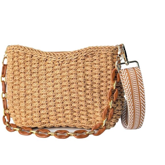 Women’s Straw Crossbody Bag Small Handwoven Summer Beach Handbag with Chain - Picture 1 of 9